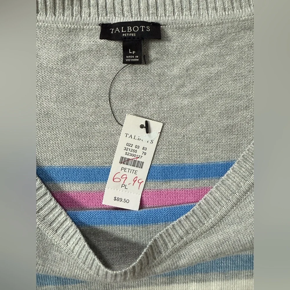 NWT Talbots‎ Multi Stripe  Gray Side Button Long Sleeve Sweater Size Petite L